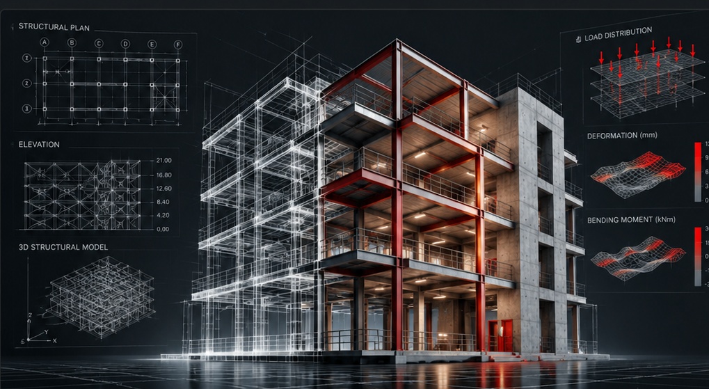 Conceptual structural model transitioning from white wireframe to steel and concrete, with red engineering highlights and technical diagrams